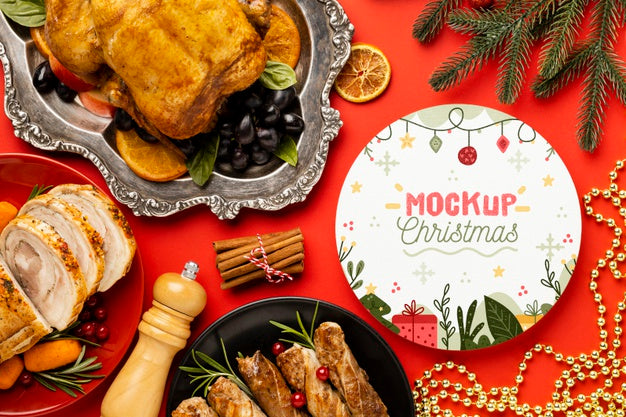 Free Flat Lay Of Delicious Christmas Food Mock-Up Psd