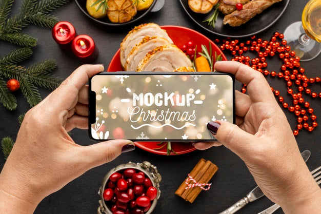 Free Flat Lay Of Delicious Christmas Food Mock-Up Psd