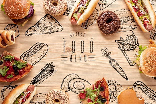 Free Flat Lay Of Delicious Fast Food On Wooden Table Psd