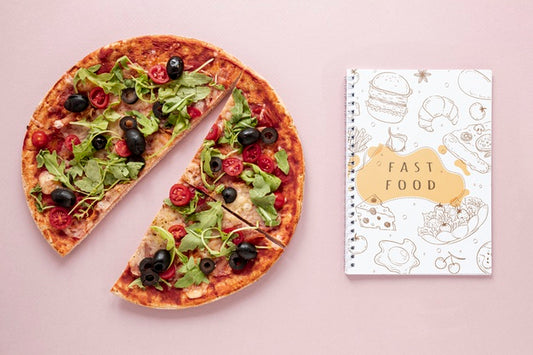 Free Flat Lay Of Delicious Pizza On Plain Background Mock-Up Psd