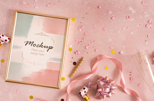 Free Flat Lay Of Elegant Birthday Frame With Ribbon And Confetti Psd