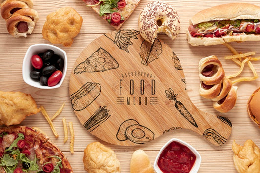 Free Flat Lay Of Fast Food On Wooden Table Mock-Up Psd