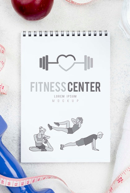 Free Flat Lay Of Fitness Notebook With Measuring Tape And Apple Psd