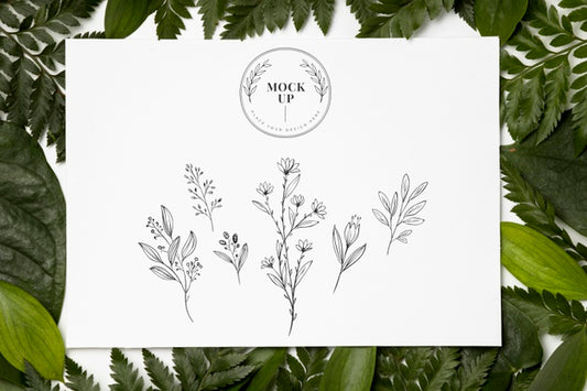 Free Flat Lay Of Frame Mock-Up With Leaves Psd