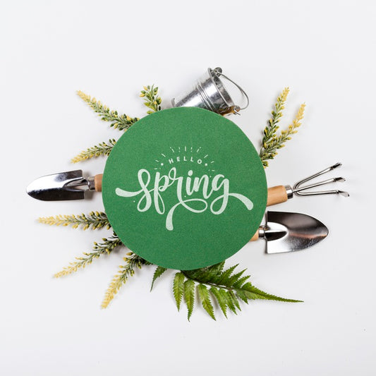 Free Flat Lay Of Gardening Tools With Fern And Bucket Psd