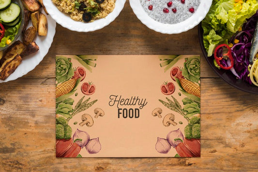 Free Flat Lay Of Healthy Food With Card Mockup Psd