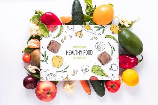 Free Flat Lay Of Healthy Food With Card Mockup Psd