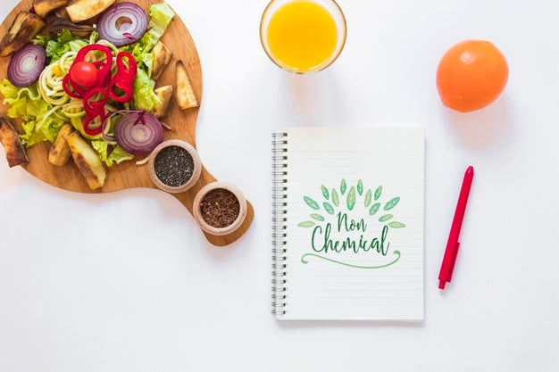 Free Flat Lay Of Healthy Food With Notepad Mockup Psd