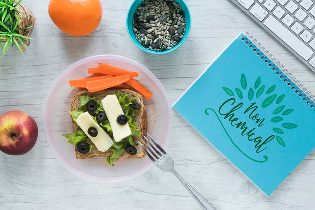 Free Flat Lay Of Healthy Food With Notepad Mockup Psd