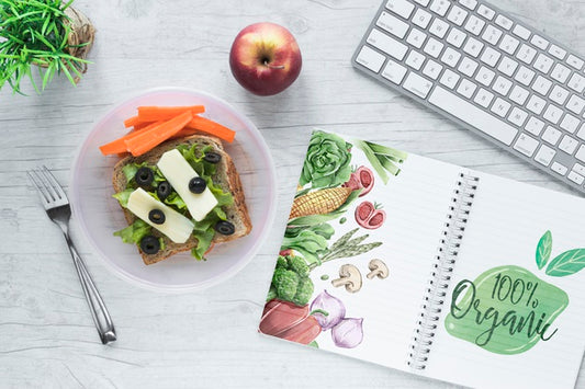 Free Flat Lay Of Healthy Food With Notepad Mockup Psd