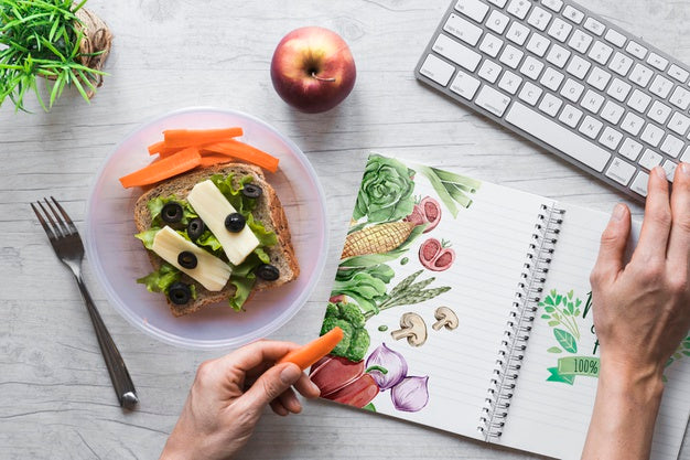 Free Flat Lay Of Healthy Food With Notepad Mockup Psd