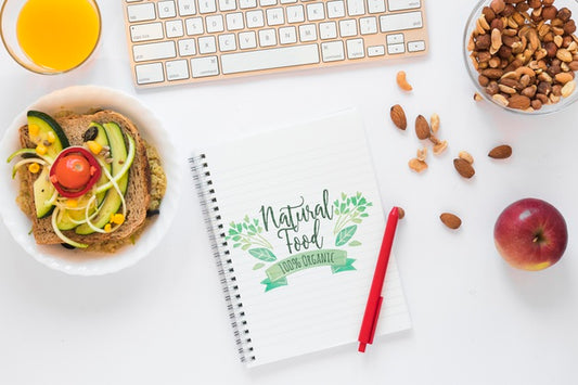 Free Flat Lay Of Healthy Food With Notepad Mockup Psd