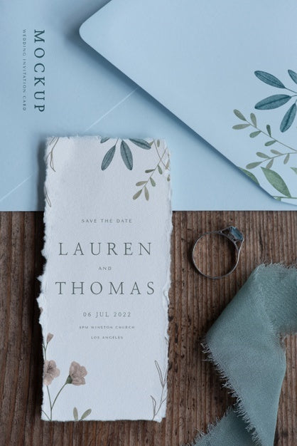 Free Flat Lay Of Mock-Up Rustic Paper Wedding Invitation With Leaves And Flowers Psd