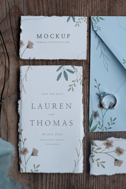 Free Flat Lay Of Mock-Up Rustic Paper Wedding Invitation With Leaves And Flowers Psd