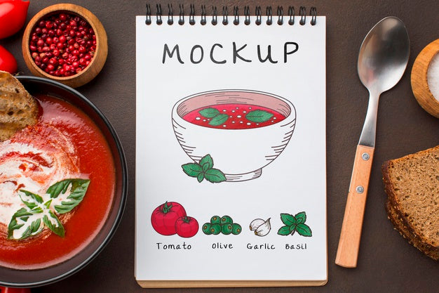 Free Flat Lay Of Notebook With Bowl Of Soup Psd