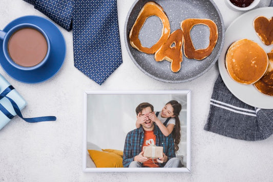 Free Flat Lay Of Photo For Fathers Day With Pancakes And Coffee Psd
