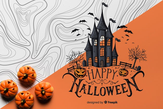 Free Flat Lay Of Pumpkins With Haunted House Psd