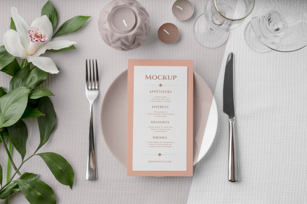 Free Flat Lay Of Spring Menu Mock-Up On Plate With Cutlery And Flowers Psd