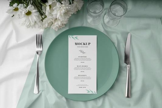 Free Flat Lay Of Spring Menu Mock-Up On Plate With Cutlery And Glasses Psd