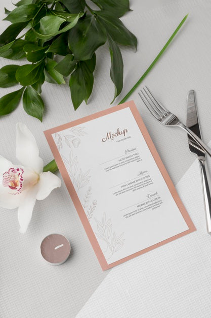 Free Flat Lay Of Spring Menu Mock-Up With Cutlery And Flowers Psd