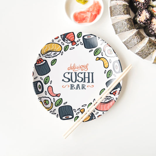 Free Flat Lay Of Sushi Plate And Chopsticks On White Background Psd