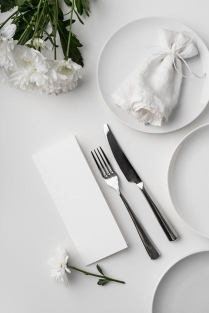 Free Flat Lay Of Table Arrangement With Spring Menu Mock-Up And Cutlery Psd