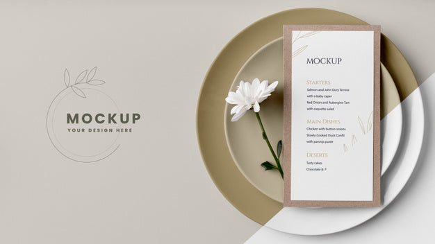 Free Flat Lay Of Table Arrangement With Spring Menu Mock-Up And Flower Psd
