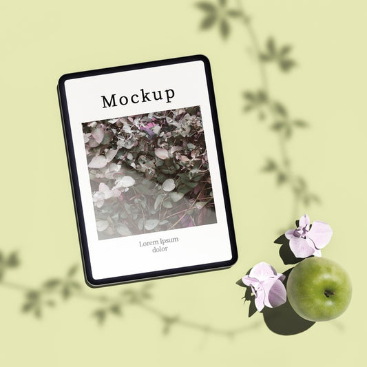 Free Flat Lay Of Tablet With Apple And Flowers Psd