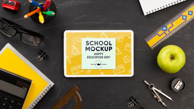 Free Flat Lay Of Tablet With School Essentials For Education Day Psd