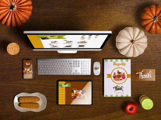 Free Flat Lay Of Thanksgiving Scene Creator With Wooden Background Psd