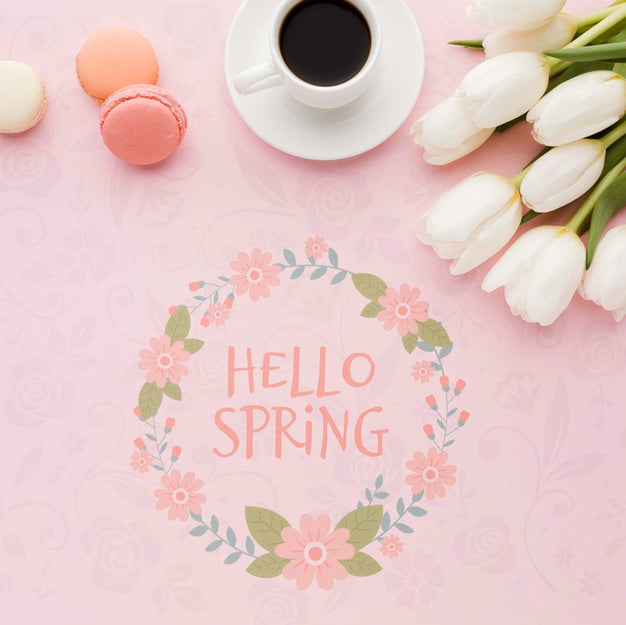 Free Flat Lay Of Tulips With Coffee Cup And Macarons Psd