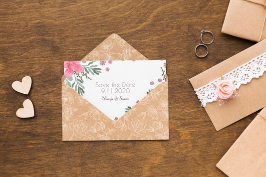 Free Flat Lay Of Paper Mock-Up Rustic Wedding Invitation With