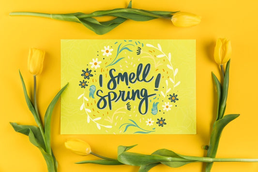 Free Flat Lay Paper Card Mockup With Spring Concept Psd