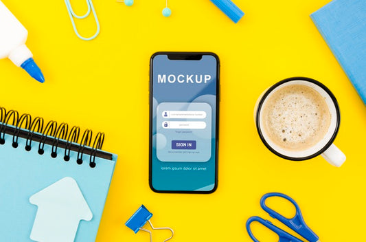 Free Flat Lay Phone Mock-Up With Coffee On Desk Psd