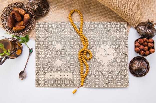 Free Flat Lay Ramadan Composition With Open Book Template Psd