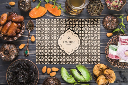 Free Flat Lay Ramadan Composition With Paper Card Template Psd
