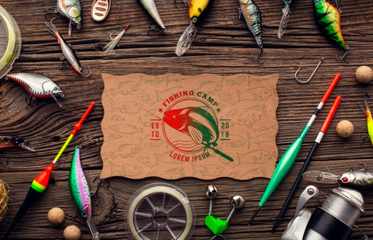 Free Flat Lay Rod And Fishing Accessories With Bait Psd