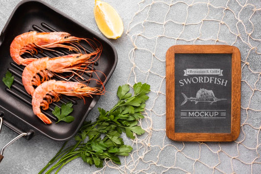 Free Flat Lay Sea Food Composition With Blackboard Mock-Up Psd