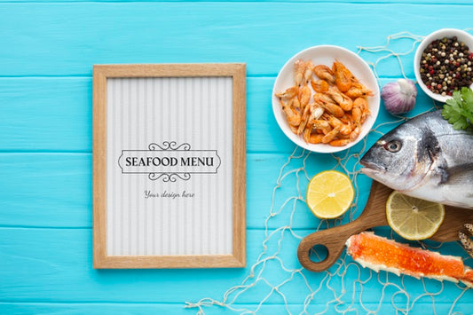 Free Flat Lay Sea Food Composition With Frame Mock-Up Psd