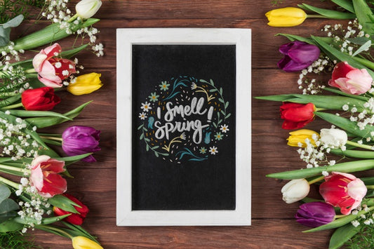 Free Flat Lay Slate Mockup With Spring Concept Psd