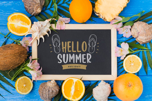 Free Flat Lay Slate Mockup With Summer Elements Psd