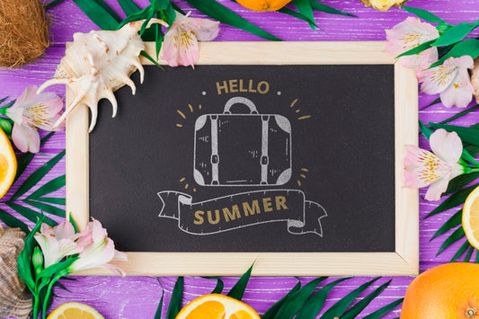 Free Flat Lay Slate Mockup With Summer Elements Psd