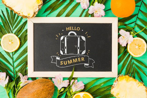 Free Flat Lay Slate Mockup With Summer Elements Psd