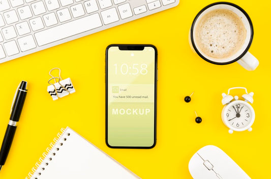 Free Flat Lay Smartphone Mock-Up On Desk With Coffee Psd