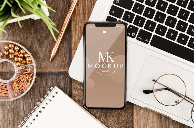 Free Flat Lay Smartphone Mock-Up On Laptop With Glasses Psd