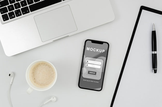 Free Flat Lay Smartphone Mock-Up With Cup On Desk Psd