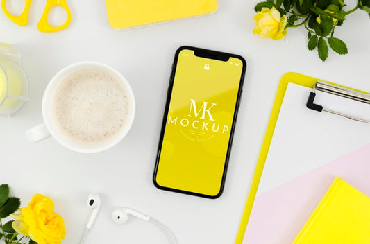 Free Flat Lay Smartphone Mock-Up With Cup Psd