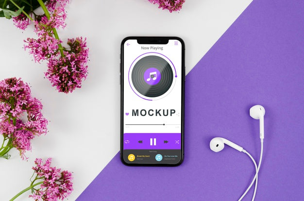 Free Flat Lay Smartphone Mock-Up With Earphones And Flowers Psd