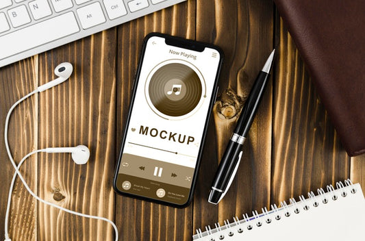 Free Flat Lay Smartphone Mock-Up With Earphones And Pen Psd