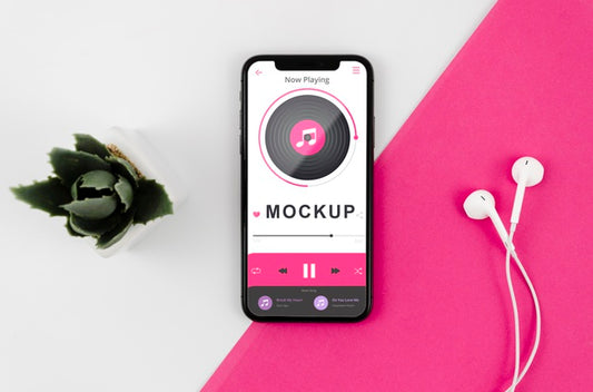 Free Flat Lay Smartphone Mock-Up With Earphones And Plant Psd